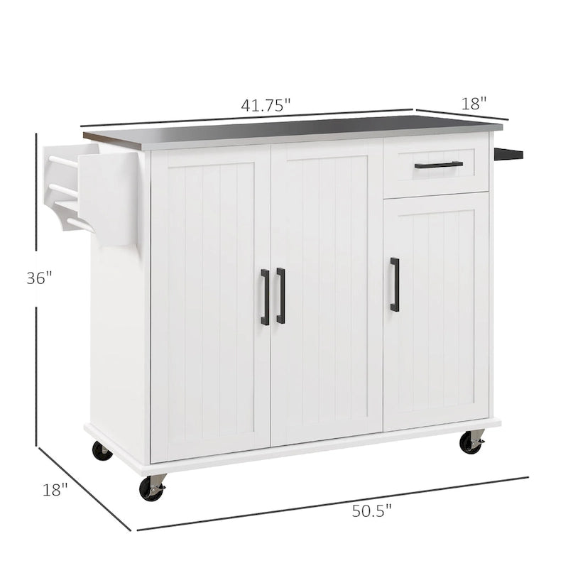 HOMCOM Kitchen Island with Storage, Rolling Kitchen Island on Wheels with Drawer, 3 Cabinets, Stainless Steel Countertop