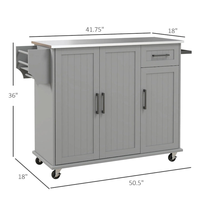 HOMCOM Kitchen Island with Storage, Rolling Kitchen Island on Wheels with Drawer, 3 Cabinets, Stainless Steel Countertop
