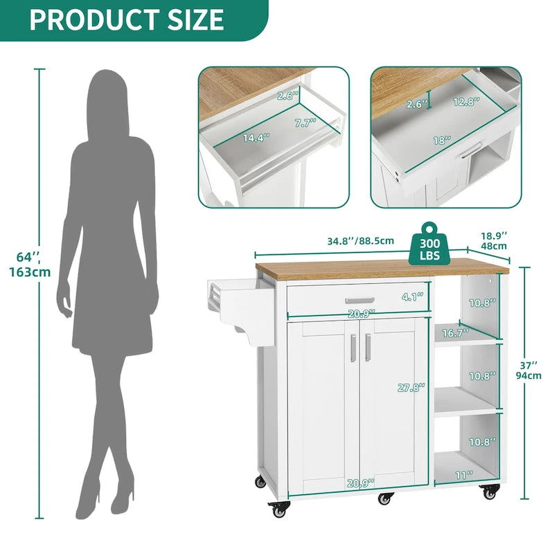 Moasis Rolling Kitchen Island Cart Storage Cabinet on Wheels