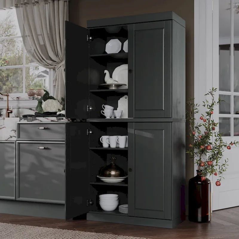 Palace Imports 100% Solid Wood Pantry Cabinet with Frosted, Clear Glass or Solid Doors and Adjustable Shelves