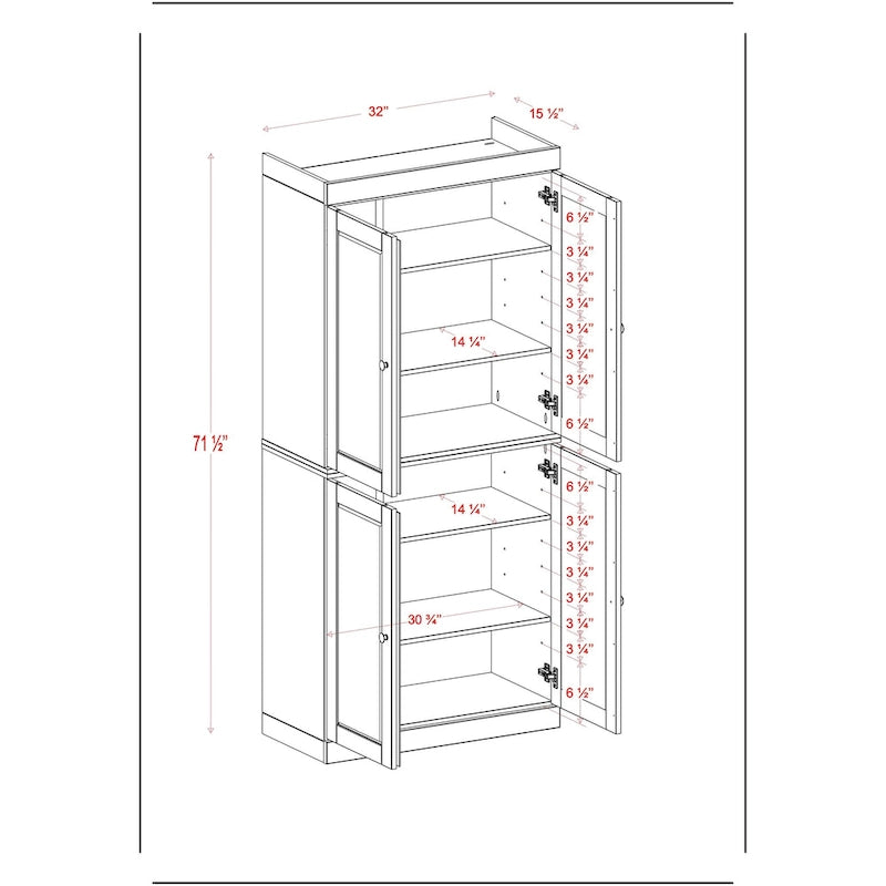 Palace Imports 100% Solid Wood Pantry Cabinet with Frosted, Clear Glass or Solid Doors and Adjustable Shelves