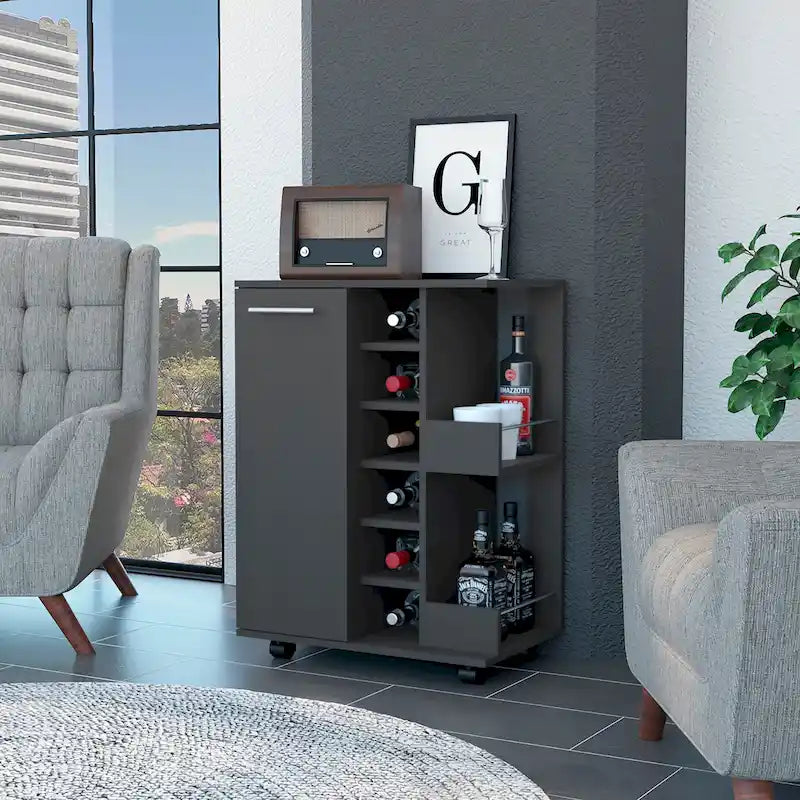 FM Furniture Tennessee Bar Cart, One Cabinet With Division,Black - N/A