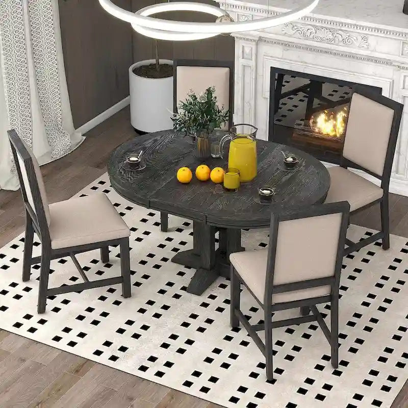 Farmhouse Retractable Round Table with 4 Upholstered Chairs