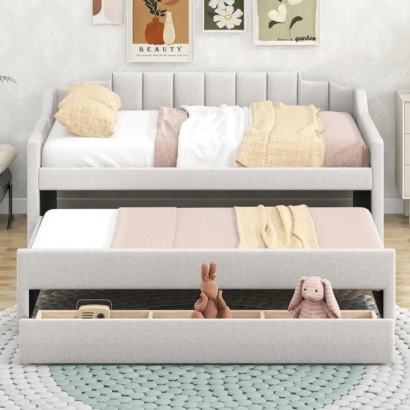 Twin Size Upholstered Daybed with Trundle and Three Drawers