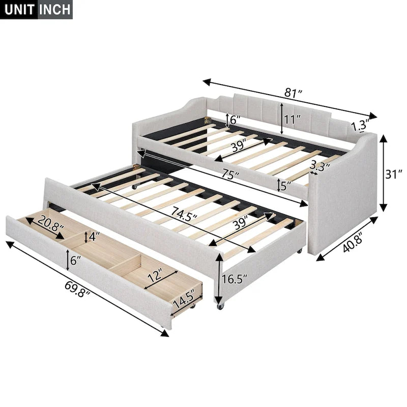 Twin Size Upholstered Daybed with Trundle and Three Drawers