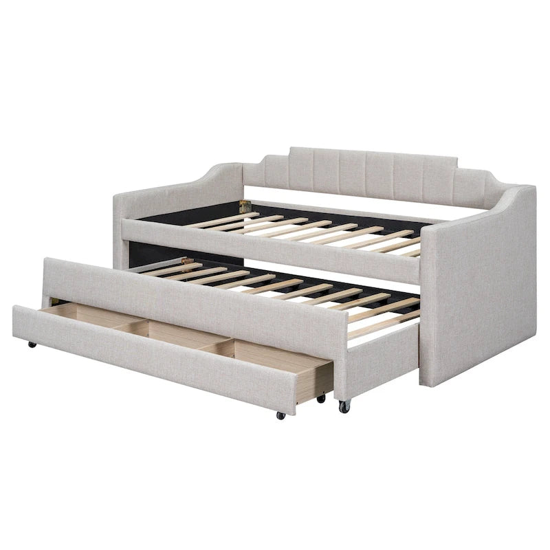Twin Size Upholstered Daybed with Trundle and Three Drawers