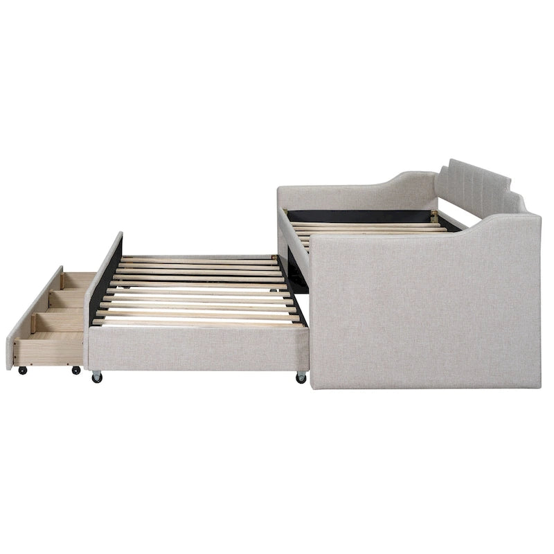 Twin Size Upholstered Daybed with Trundle and Three Drawers