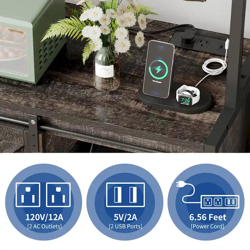 Moasis 5 Tier Kitchen LED Bakers Rack with Sliding Storage and Shelves Bar Table with Power Outlet