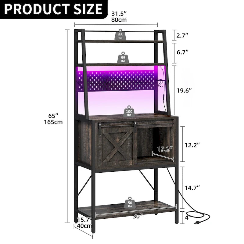 Moasis 5 Tier Kitchen LED Bakers Rack with Sliding Storage and Shelves Bar Table with Power Outlet