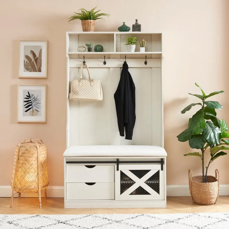 40.6 W Wood Hall Tree with Bench and Shoe Storage