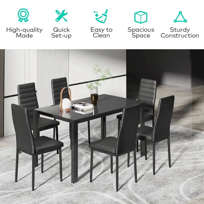 7-Piece Glass Top Dining Table Set for 6 with High Back PU Leather Chairs