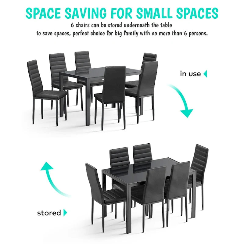 7-Piece Glass Top Dining Table Set for 6 with High Back PU Leather Chairs