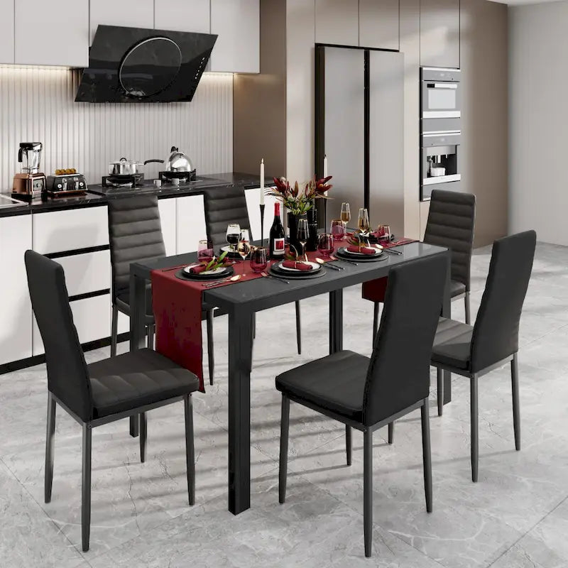 7-Piece Glass Top Dining Table Set for 6 with High Back PU Leather Chairs
