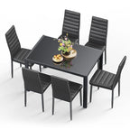 7-Piece Glass Top Dining Table Set for 6 with High Back PU Leather Chairs