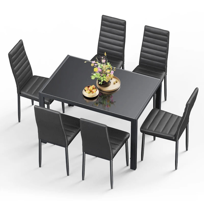 7-Piece Glass Top Dining Table Set for 6 with High Back PU Leather Chairs
