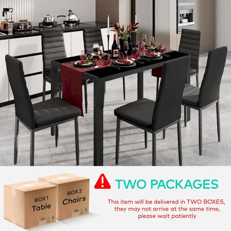 7-Piece Glass Top Dining Table Set for 6 with High Back PU Leather Chairs
