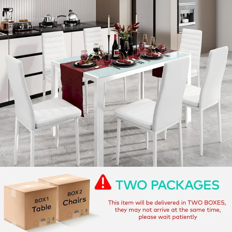 7-Piece Glass Top Dining Table Set for 6 with High Back PU Leather Chairs