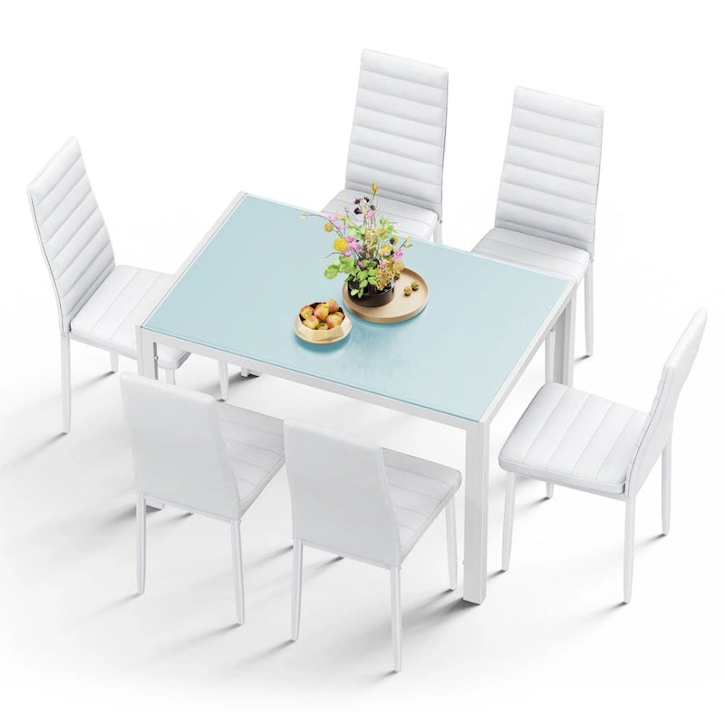 7-Piece Glass Top Dining Table Set for 6 with High Back PU Leather Chairs