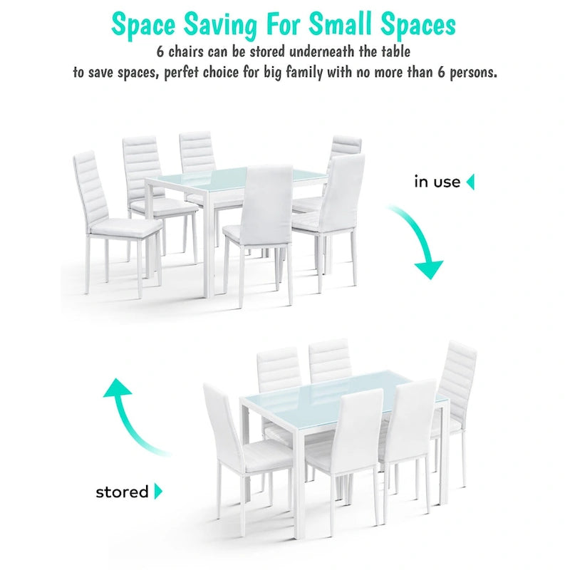 7-Piece Glass Top Dining Table Set for 6 with High Back PU Leather Chairs