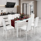 7-Piece Glass Top Dining Table Set for 6 with High Back PU Leather Chairs