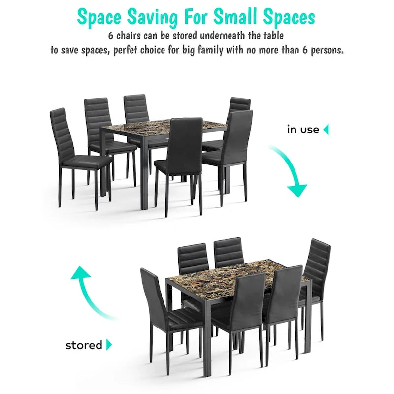 7-Piece Glass Top Dining Table Set for 6 with High Back PU Leather Chairs