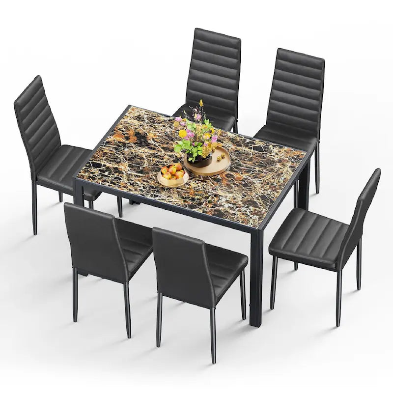 7-Piece Glass Top Dining Table Set for 6 with High Back PU Leather Chairs