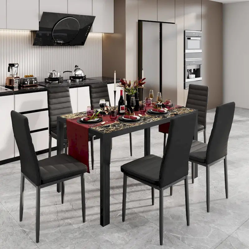 7-Piece Glass Top Dining Table Set for 6 with High Back PU Leather Chairs