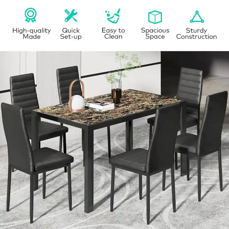 7-Piece Glass Top Dining Table Set for 6 with High Back PU Leather Chairs