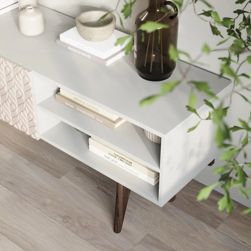 Living Skog Kelly TV Stand Console Fits TV's up to 65 in. with Wood Legs in Mid Century Modern Scandinavian Design