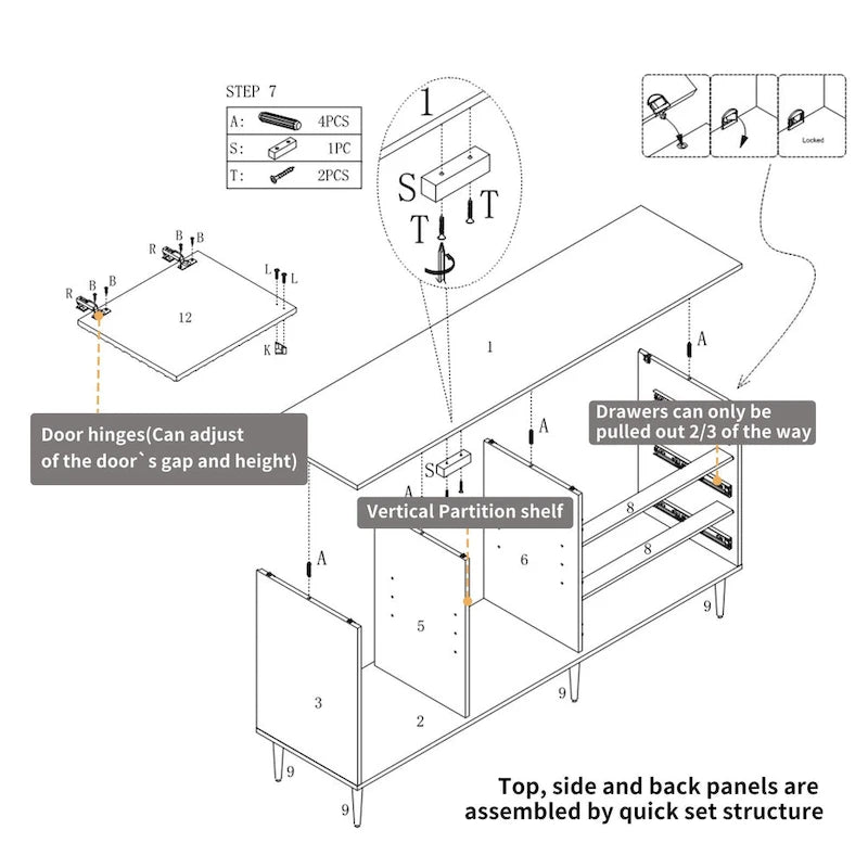 2 Door Sideboard TV Locker Buffet Accent Cabinet with Gold Legs