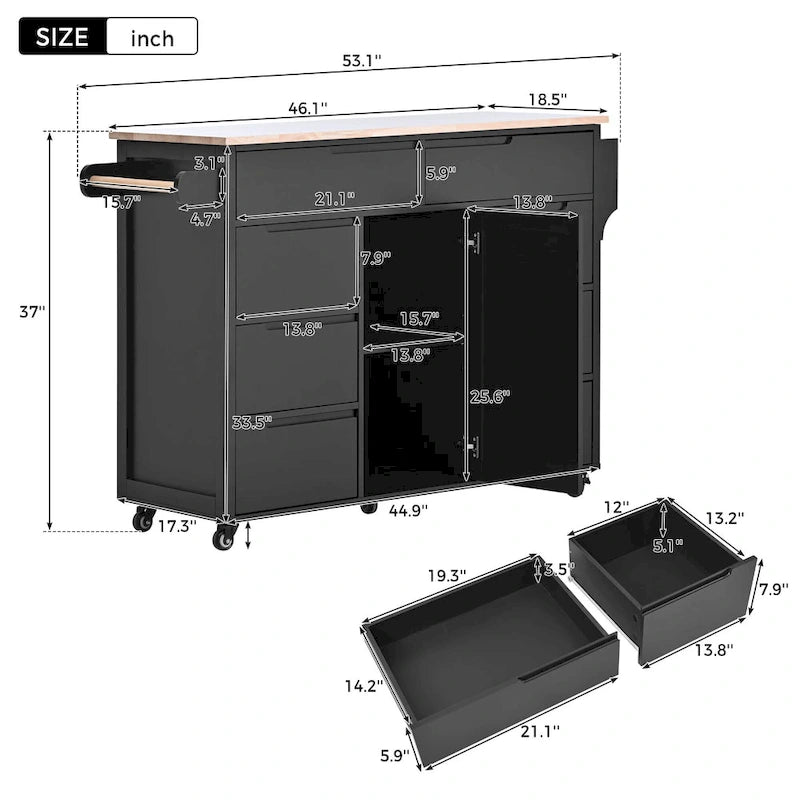 Kitchen Island Cart with Rubber Wood Top and Locking Wheels