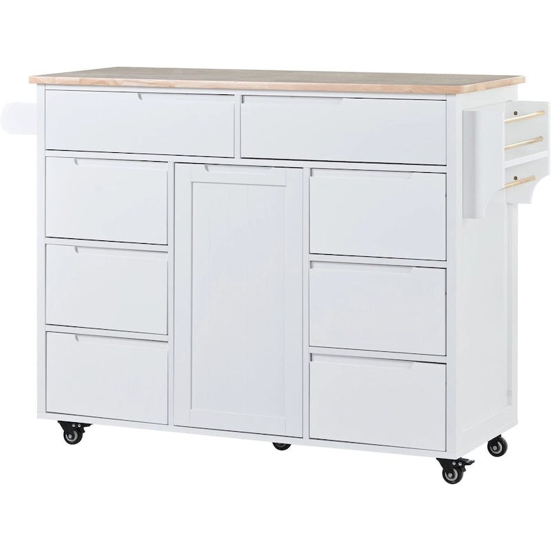 Kitchen Island Cart with Rubber Wood Top and Locking Wheels