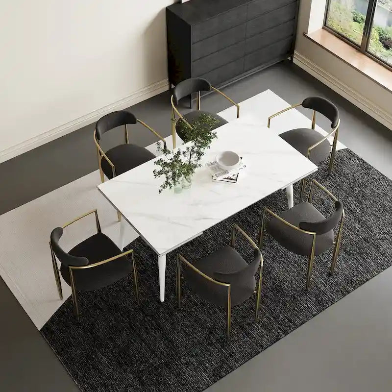 7 - Piece Extendable Sintered Stone Dining Table Dining Set With 6 Fabric Chairs