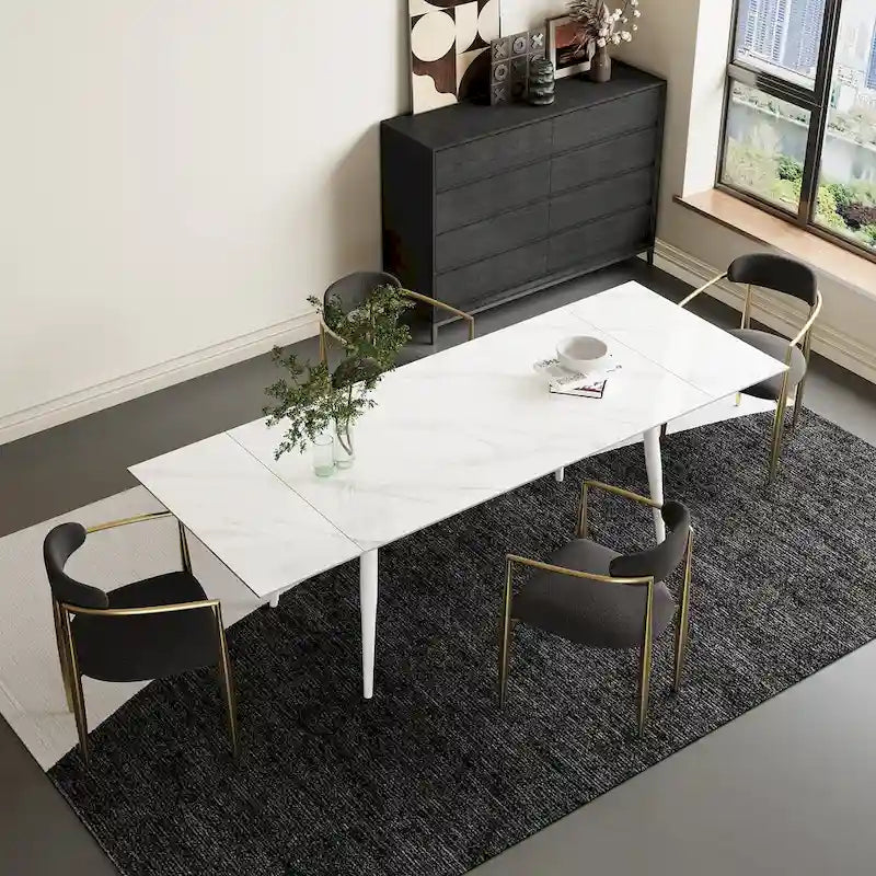 7 - Piece Extendable Sintered Stone Dining Table Dining Set With 6 Fabric Chairs