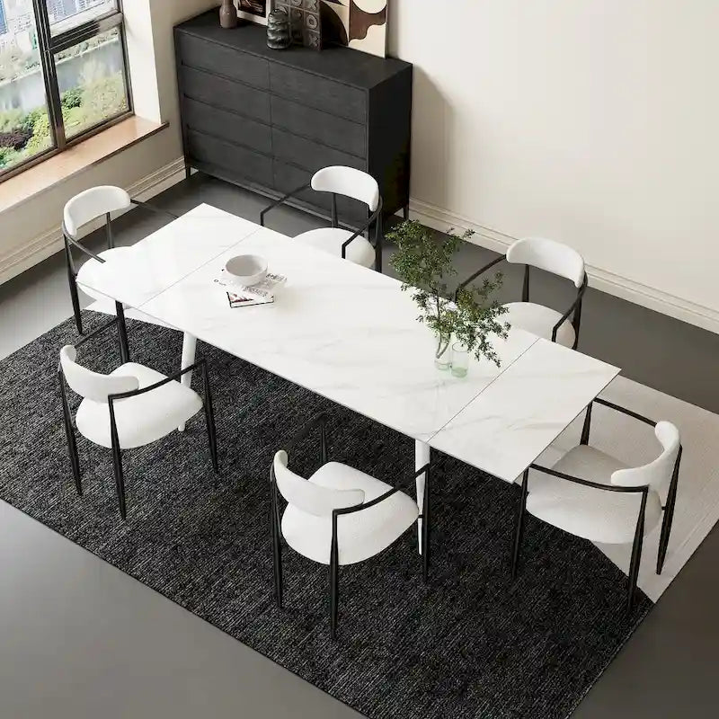 7 - Piece Extendable Sintered Stone Dining Table Dining Set With 6 Fabric Chairs