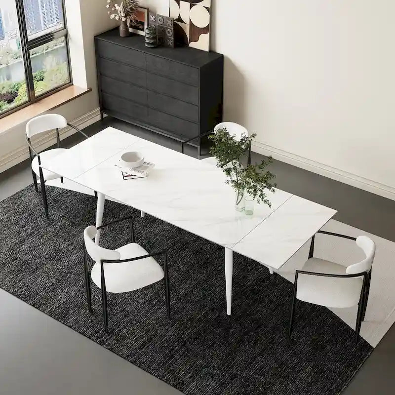 7 - Piece Extendable Sintered Stone Dining Table Dining Set With 6 Fabric Chairs