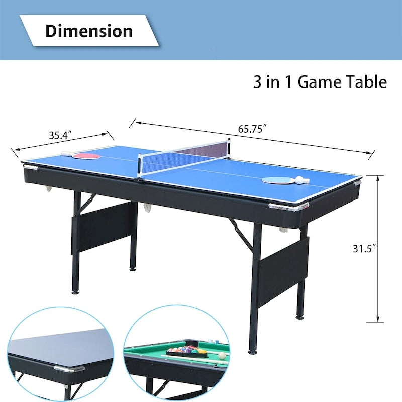 65.7 Portable 3-in-1 Game Tables,Pool,Ping Pong,Tabletop for Home - N/A