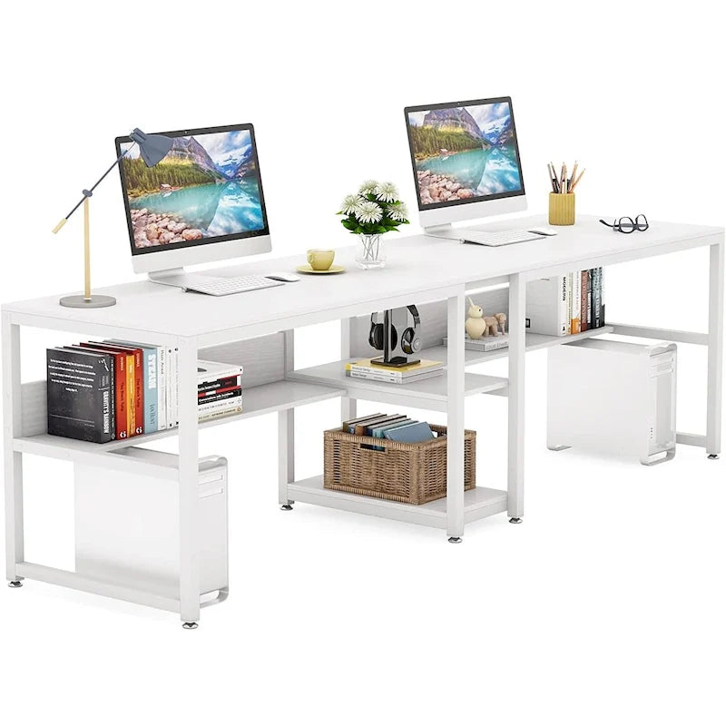 Two Person Desk with Bookshelf, 78.7 Computer Office Double Desk for Two Person