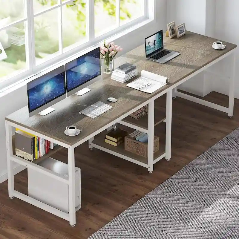 Two Person Desk with Bookshelf, 78.7 Computer Office Double Desk for Two Person