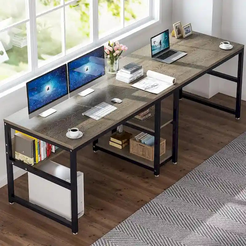 Two Person Desk with Bookshelf, 78.7 Computer Office Double Desk for Two Person