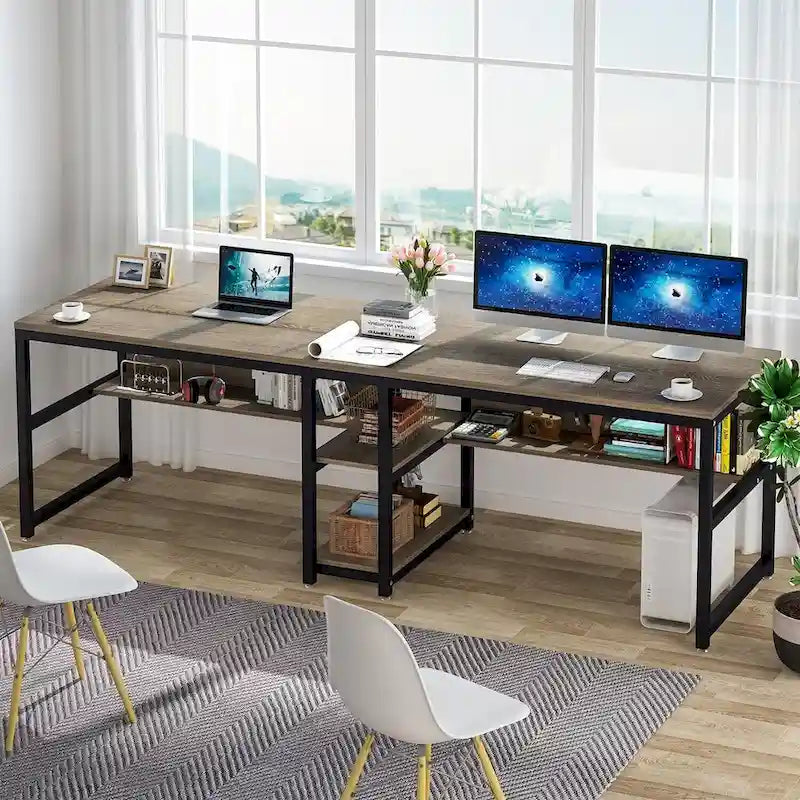Two Person Desk with Bookshelf, 78.7 Computer Office Double Desk for Two Person