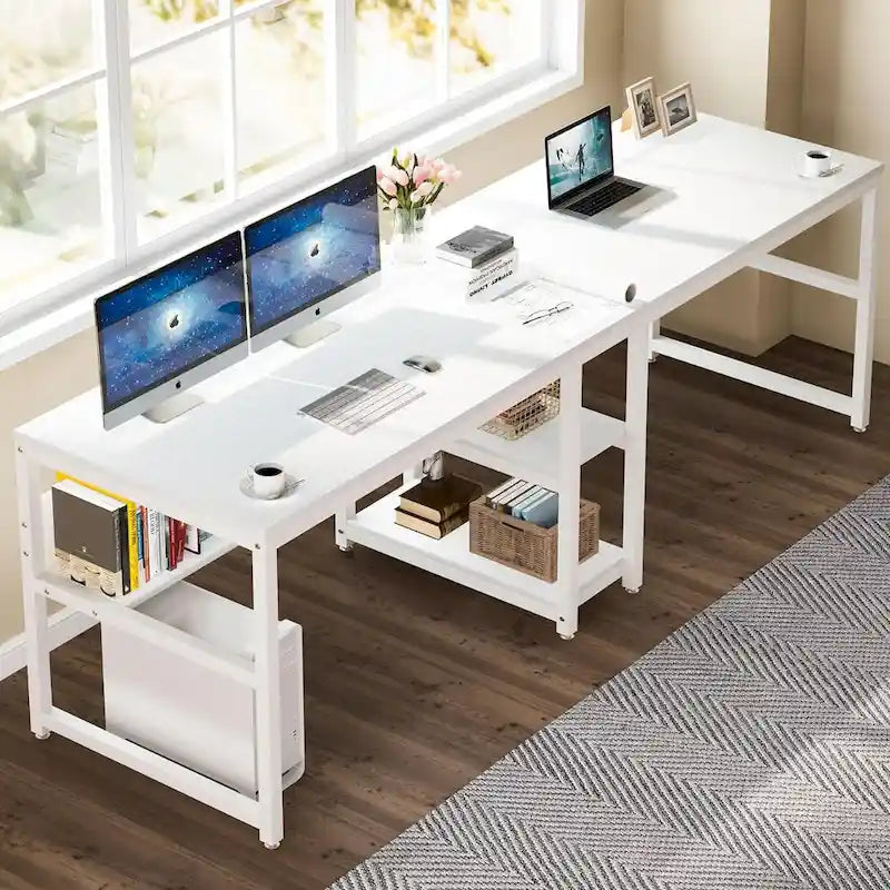 Two Person Desk with Bookshelf, 78.7 Computer Office Double Desk for Two Person