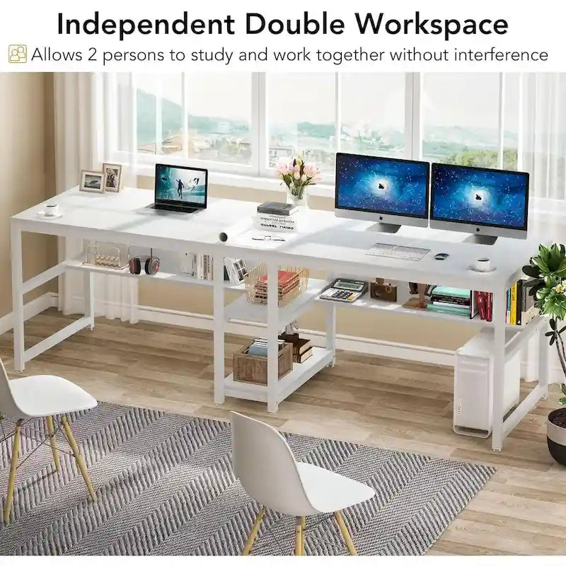 Two Person Desk with Bookshelf, 78.7 Computer Office Double Desk for Two Person