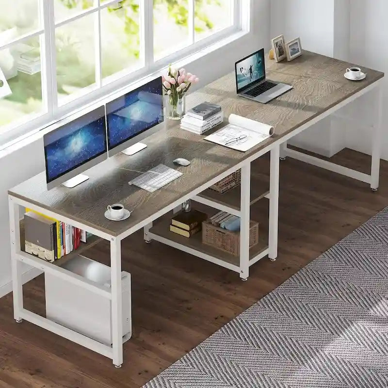 Two Person Desk with Bookshelf, 78.7 Computer Office Double Desk for Two Person