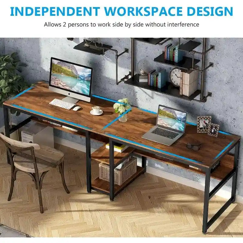 Two Person Desk with Bookshelf, 78.7 Computer Office Double Desk for Two Person