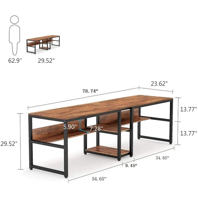 Two Person Desk with Bookshelf, 78.7 Computer Office Double Desk for Two Person