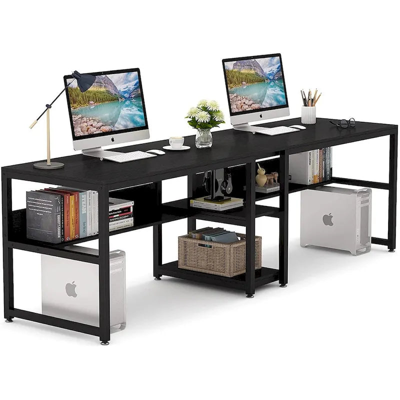 Two Person Desk with Bookshelf, 78.7 Computer Office Double Desk for Two Person