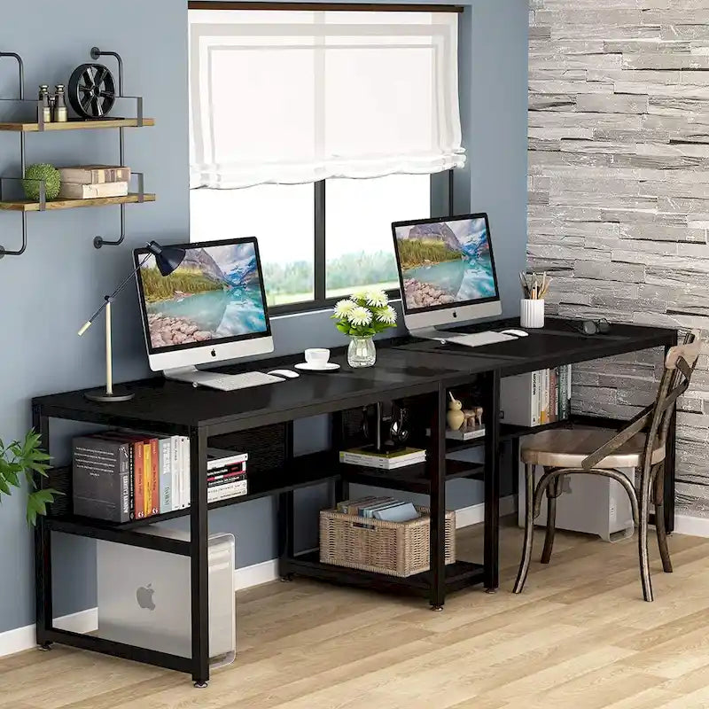 Two Person Desk with Bookshelf, 78.7 Computer Office Double Desk for Two Person