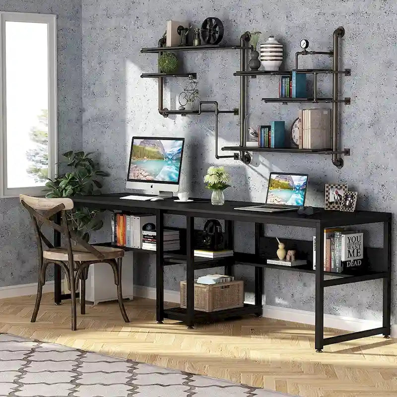 Two Person Desk with Bookshelf, 78.7 Computer Office Double Desk for Two Person