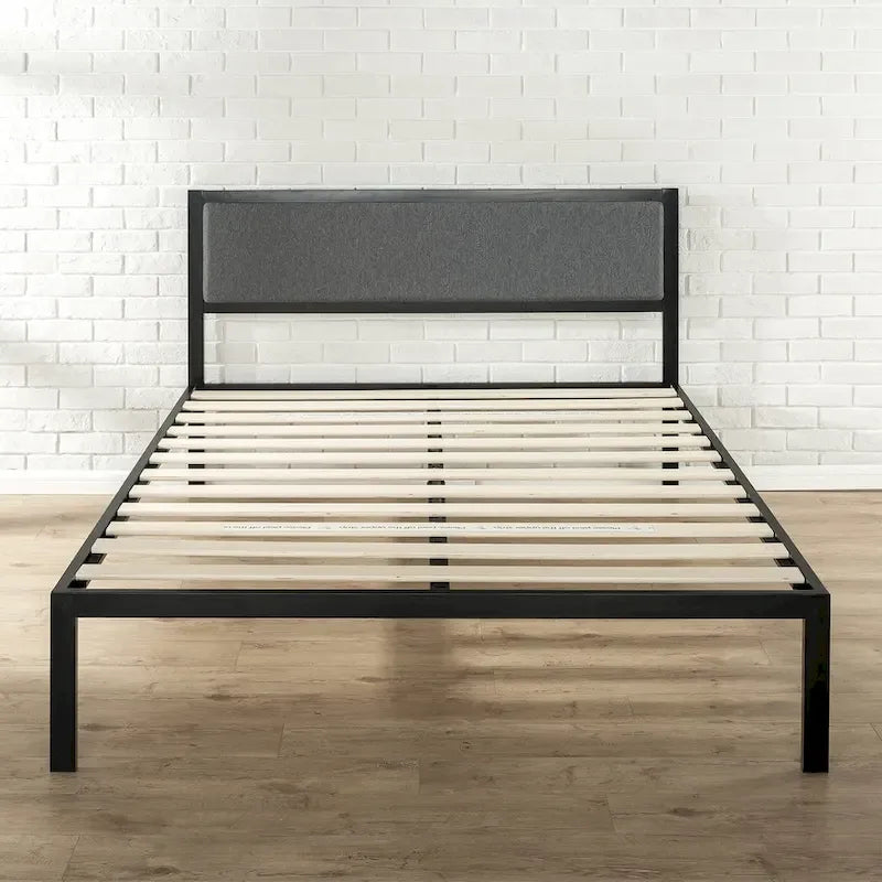 Priage by Zinus Black Steel Platform Bedframe w/ Grey Fabric Headboard